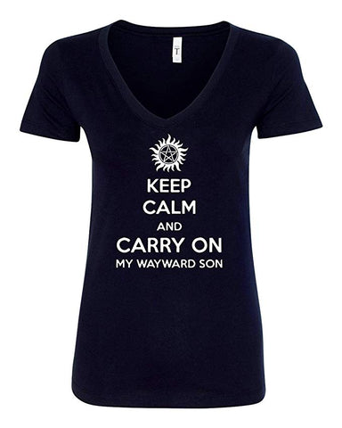 Supernatural Keep Calm and Carry On My Wayward Son Winchester Brothers Women V-Neck T-Shirt - Black New TV SHOW