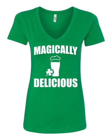 Magically Delicious Funny Party Shirts St Patrick's Day Drinking Shirt Shamrock Women V-Neck T-Shirt Green Irish